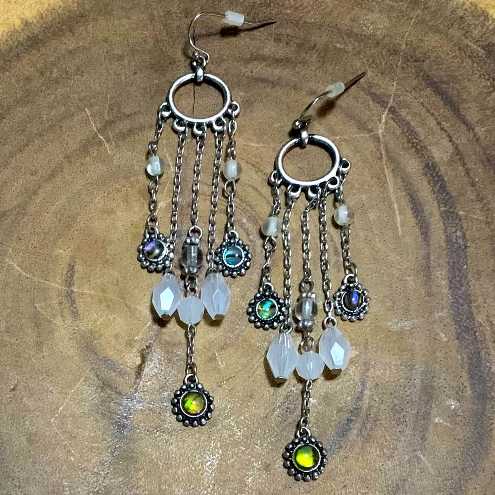 Vintage Lucky Brand Jeans Jewelry Silver Tone Boho Earrings Abalone Bali Charms